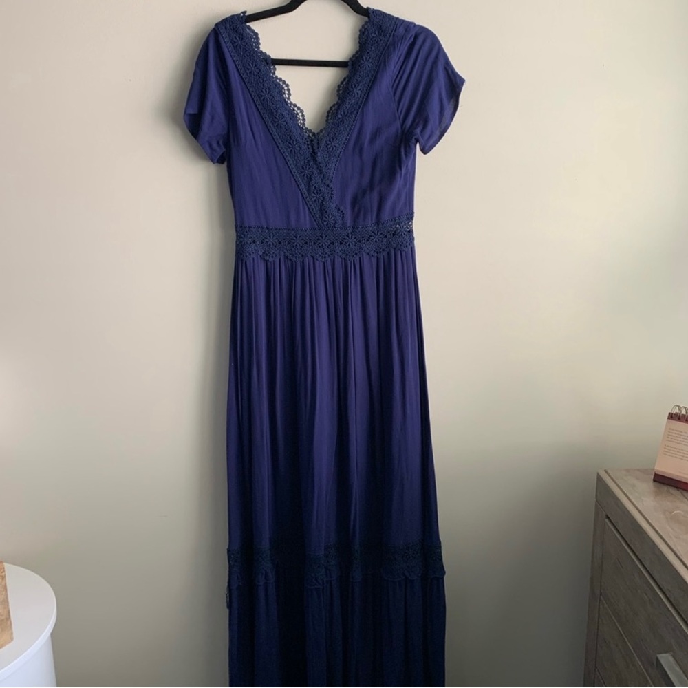 Elegant Navy Blue Lace Maxi Dress